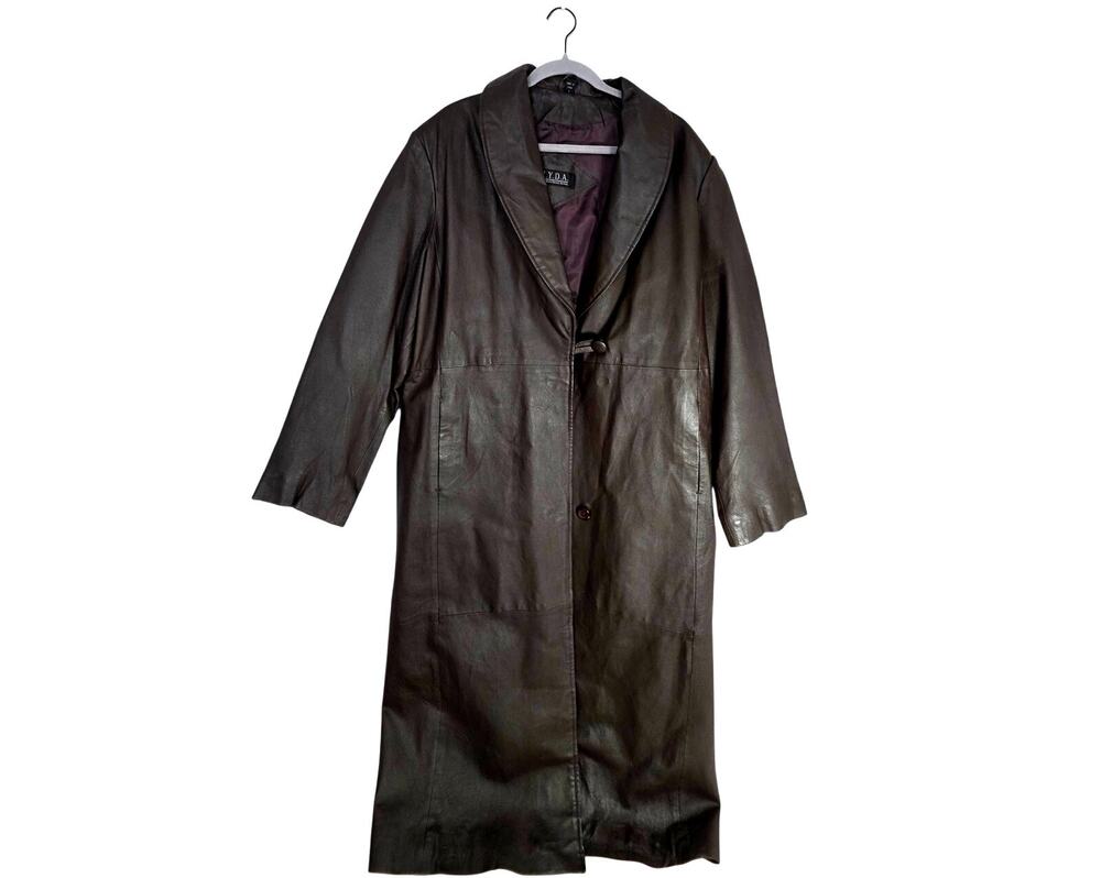 N.Y.D.A Adult Large Brown Leather Trench Coat Button Grunge Statement Overcoat